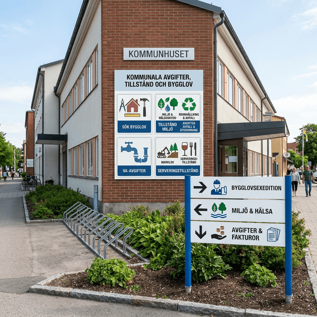 Signs directing to building permits, environmental health, fees, and invoices at a municipal office